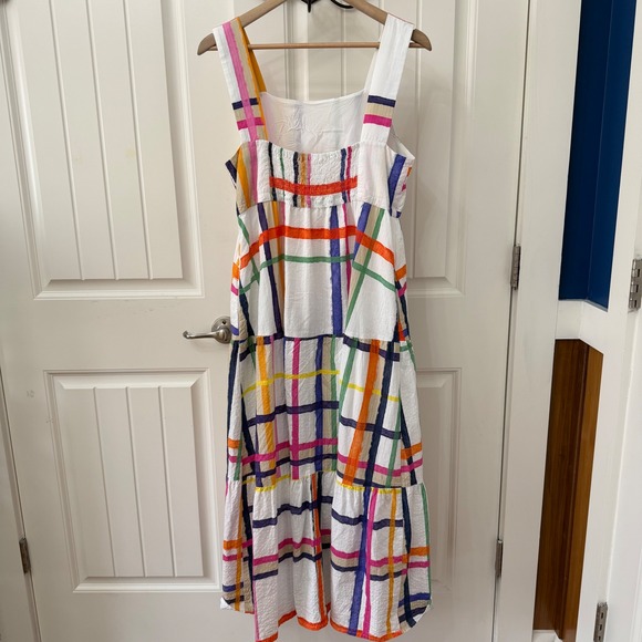 Vilagallo Maxi Dress 42 White Multicolor Plaid Seersucker Tiered Smocked Boho - Picture 2 of 8